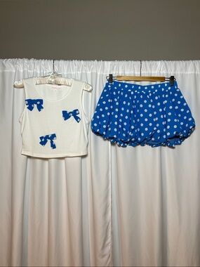 Hot & Delicious White Tank Top with Blue Polka Dot Bow Skort Set
